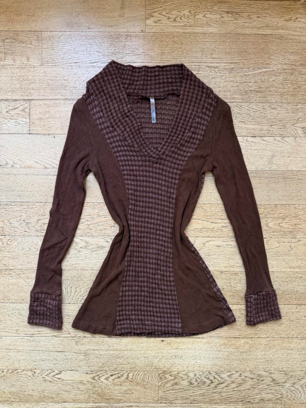Y2K Marineblu Brown Pointelle Knit Long Sleeve Top Deep V Neck Sweater
